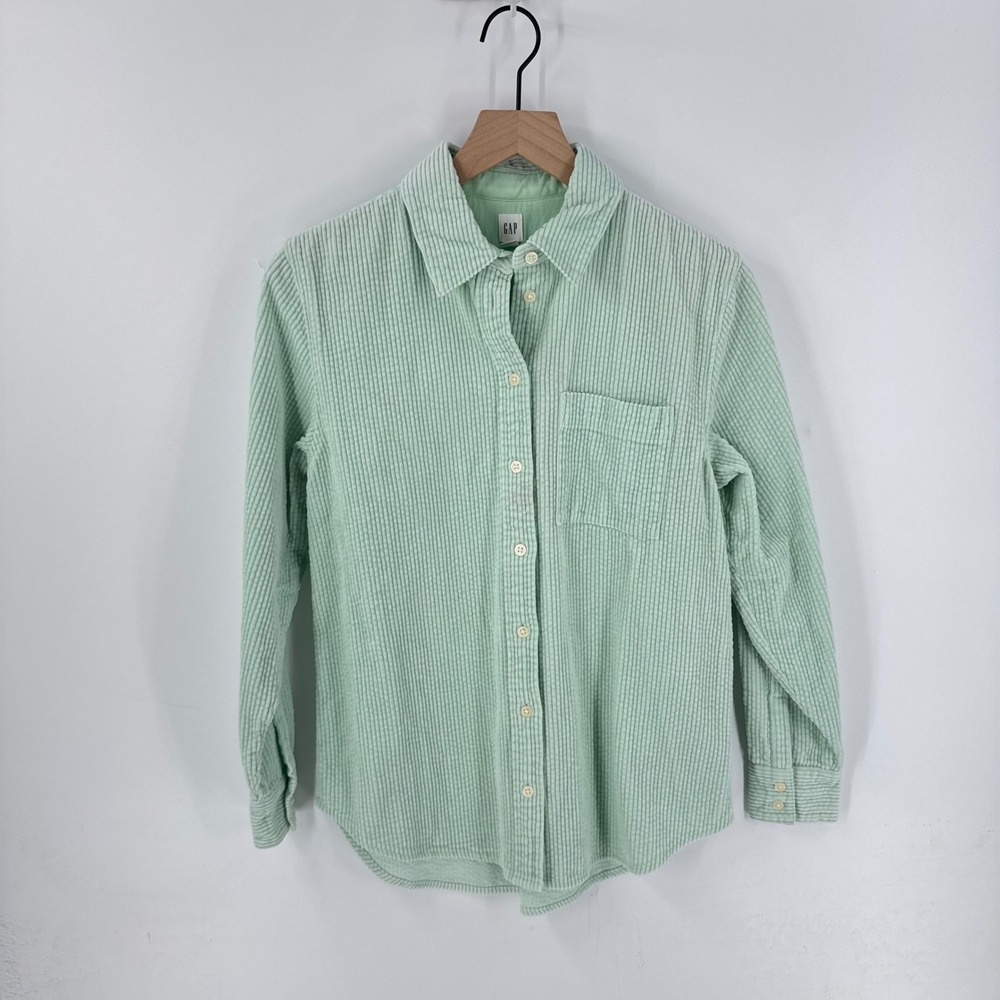 GAP Wide Wale Mint Green Corduroy Striped Button Down Shirt Size S Coastal‎